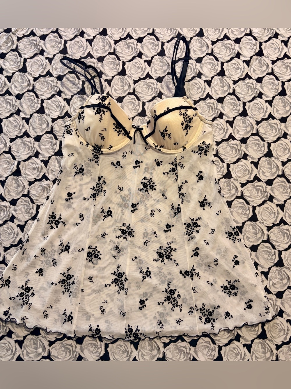 Babydoll S Chemise Mesh Floral White Black Sheer Gilligan & O'Malley Intimates